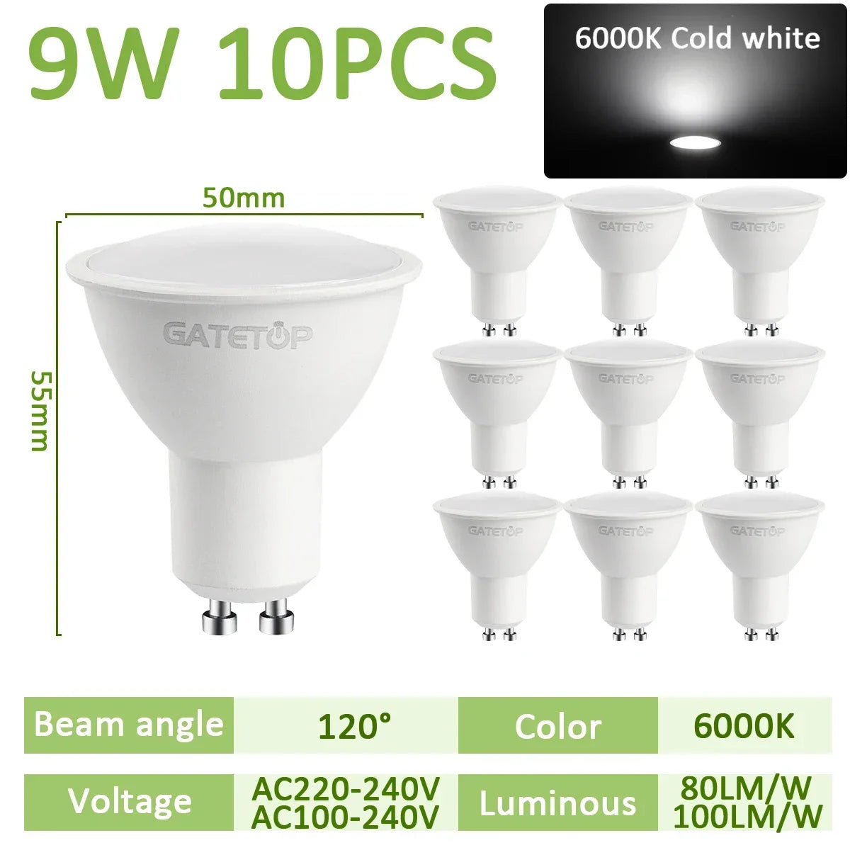 GU10 LED Spotlight Bulb SMD 2835 9W 38 or 120 Degree CRI 80 AC 100-240V No Flicker Track Lighting Living Room 10 Pack
