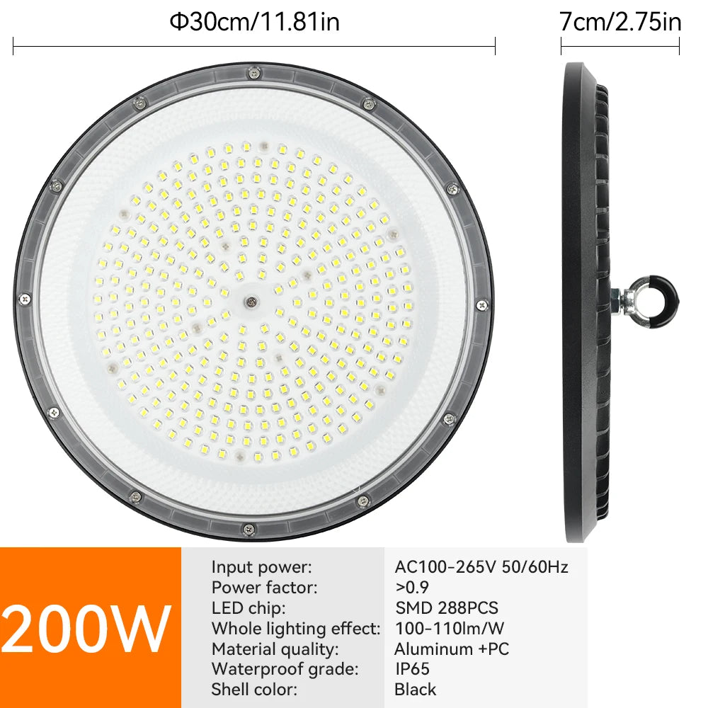 UFO LED High Bay Light 100W 150W 200W SMD2835 IP66 110-120lm/W 6000K AC 110-265V Warehouse