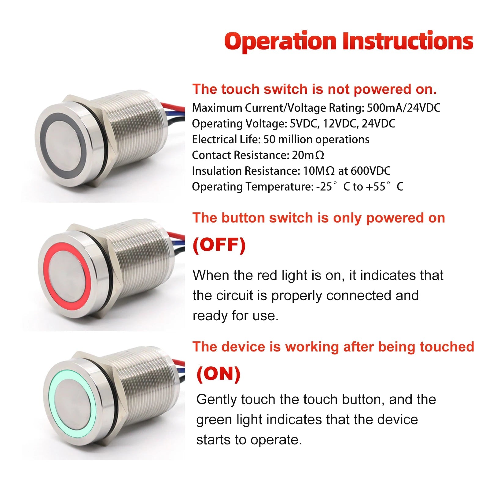 IP68 IP69K Capacitive Touch Push Button Switch 16mm 18mm 22mm 5V 12V 24V DC Momentary or Latching Red Green Bicolor LED Plastic