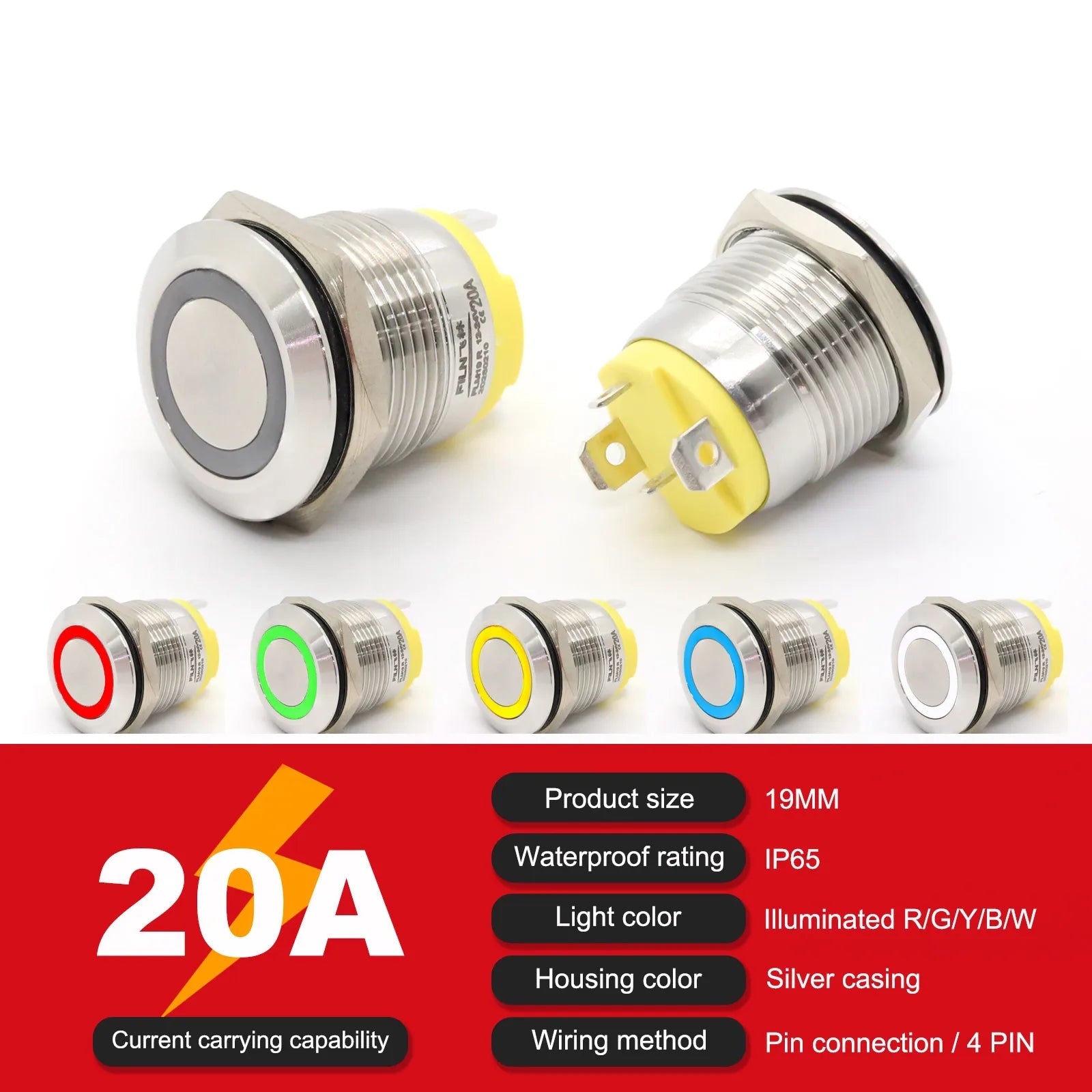 IP68 Waterproof Stainless Steel Push Button Switch 19mm 22mm 20A Momentary LED 12V 24V 110V 220V 4 Pin 20cm Wire 5 Colors