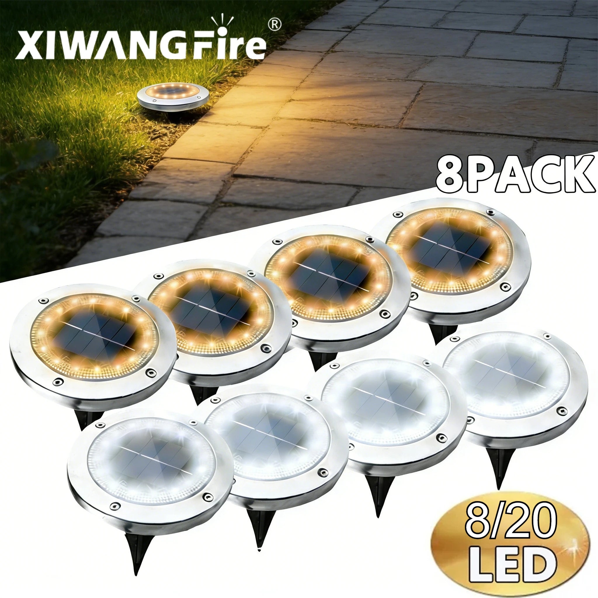 Solar LED Underground Ground Light 8 or 20 LED IP65 Stainless Steel ABS Dusk to Dawn Auto Sensor Warm White Cool White 4.7 x 5 inch Garden Path Driveway