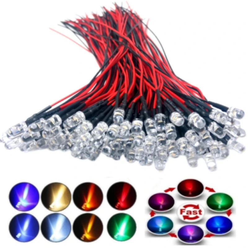 5mm Pre-Wired LED Diode 5V to 12V DC Water Clear Round Through Hole Red Green Blue White Yellow Orange Purple 20 Pack
