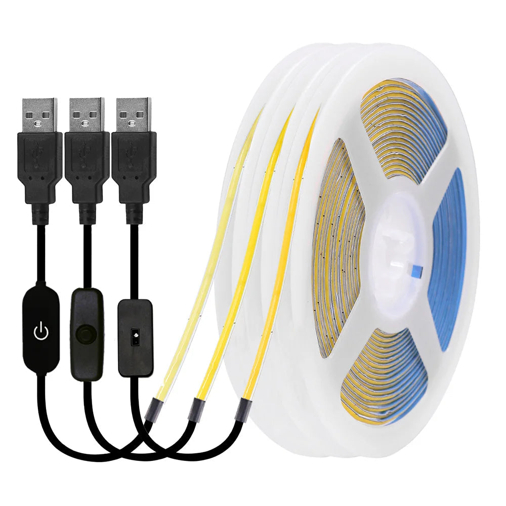 DC 5V USB COB LED Strip Light 320 LED/m 3mm PCB CRI 90 IP33 0.5m to 5m Warm White Natural White Cool White Red Blue Pink Ice Blue Dimmable Flexible Tape