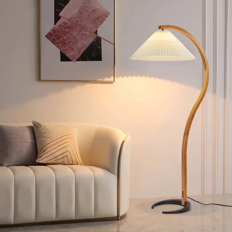 Nordic Solid Wood Pleated Fabric LED Floor Lamp E26 Dimmable Remote Control AC 90-260V D32 x H150cm Living Room Bedroom Study