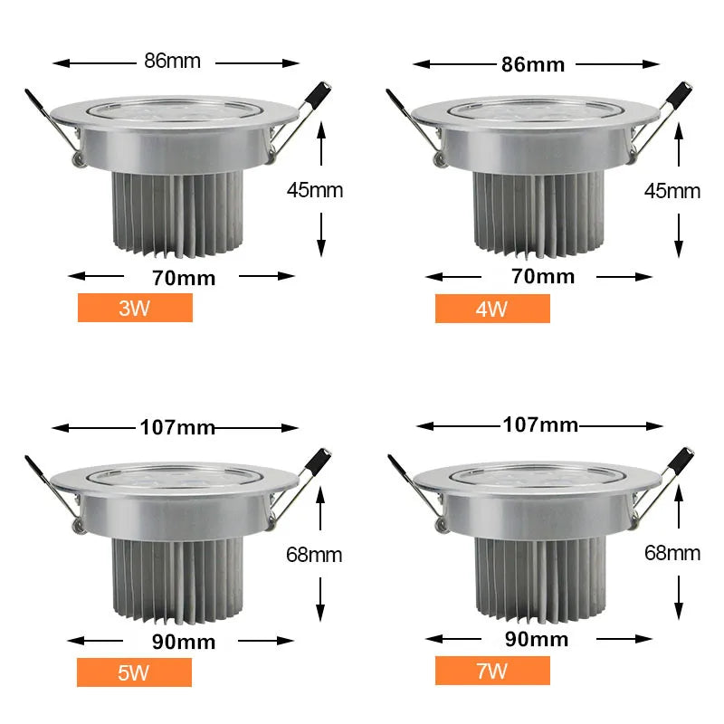 Dimmable Round LED Recessed Ceiling Downlight 3W 4W 5W 7W 9W 12W 18W AC85-265V