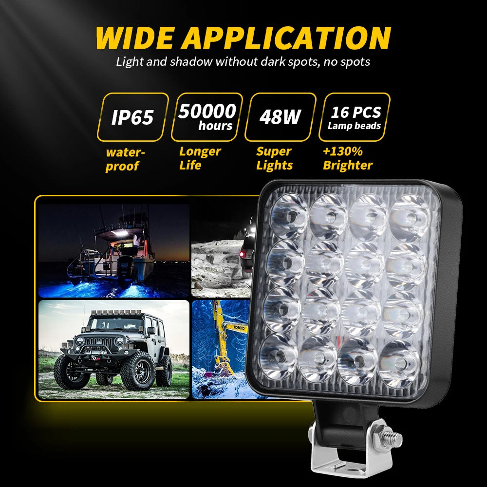 48W LED Work Light Bar Combo Beam 6500K IP65 DC 12-24V Stainless Bracket Offroad ATV Truck