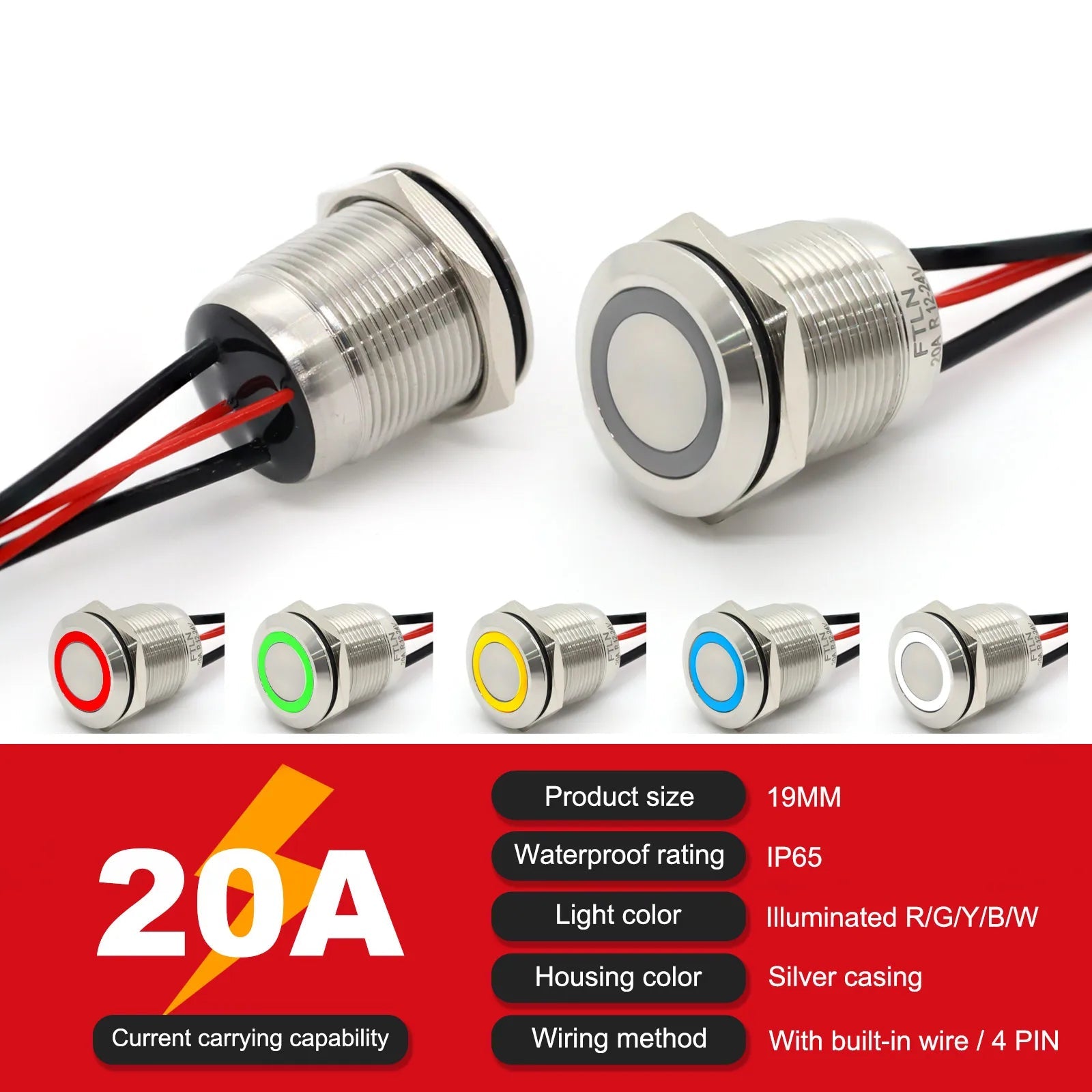 IP68 Waterproof Stainless Steel Push Button Switch 19mm 22mm 20A Momentary LED 12V 24V 110V 220V 4 Pin 20cm Wire 5 Colors