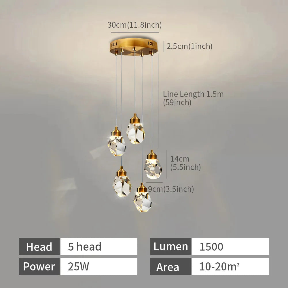 Modern Crystal Raindrop LED Chandelier Pendant Light 5 Head Gold Aluminum Cord Pendant AC 90-260V Living Room Dining Room