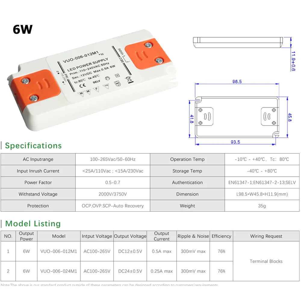 Ultra-Slim LED Driver Transformer 6W 12W 15W 20W 30W 50W 60W AC 110-240V to DC 12V 24V