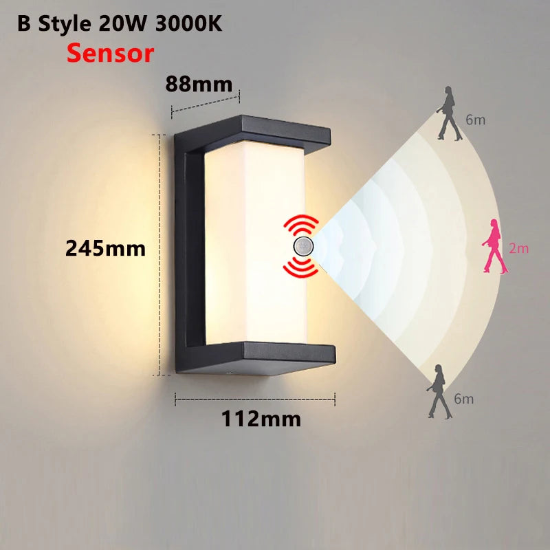 IP65 LED Outdoor Wall Light 20W Radar Motion Sensor Plastic Polycarbonate Black AC 85-265V Porch Garden Balcony 3 to 6 Meter Range