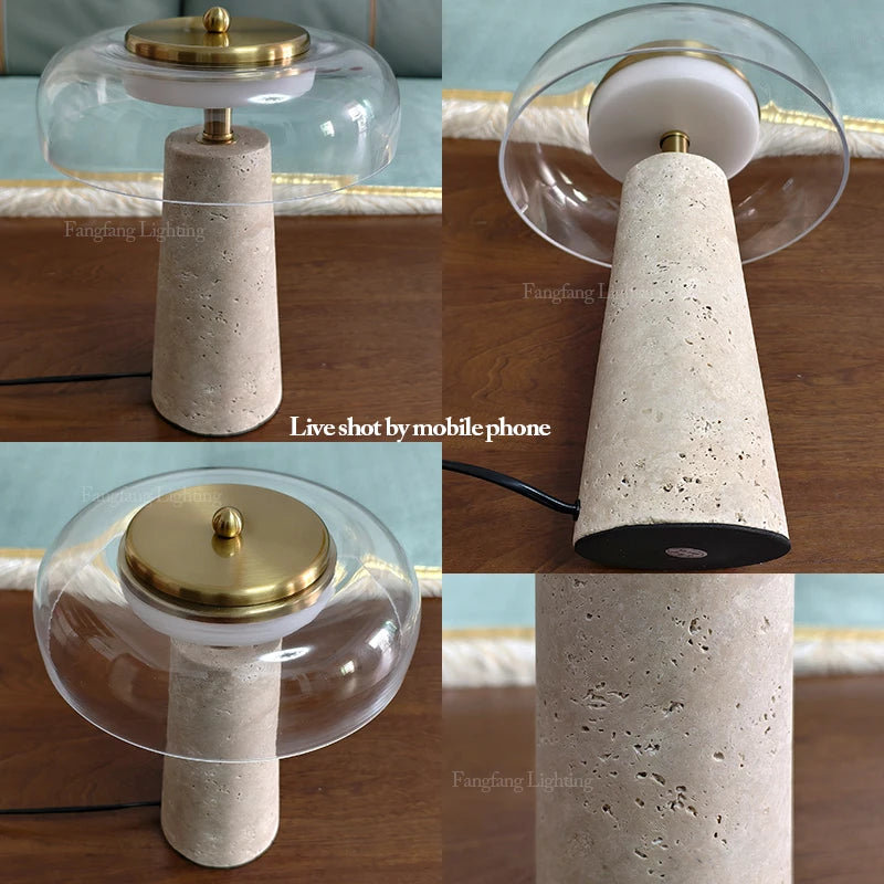 Mushroom Travertine Natural Stone Table Lamp 12W LED Glass Acrylic Shade AC 85-265V