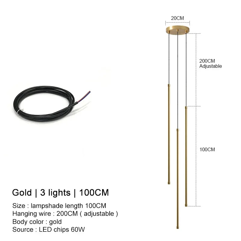 Modern Linear LED Chandelier Pendant Light 3 Head Black Brushed Aluminum Adjustable Wire Dining Room Kitchen Island