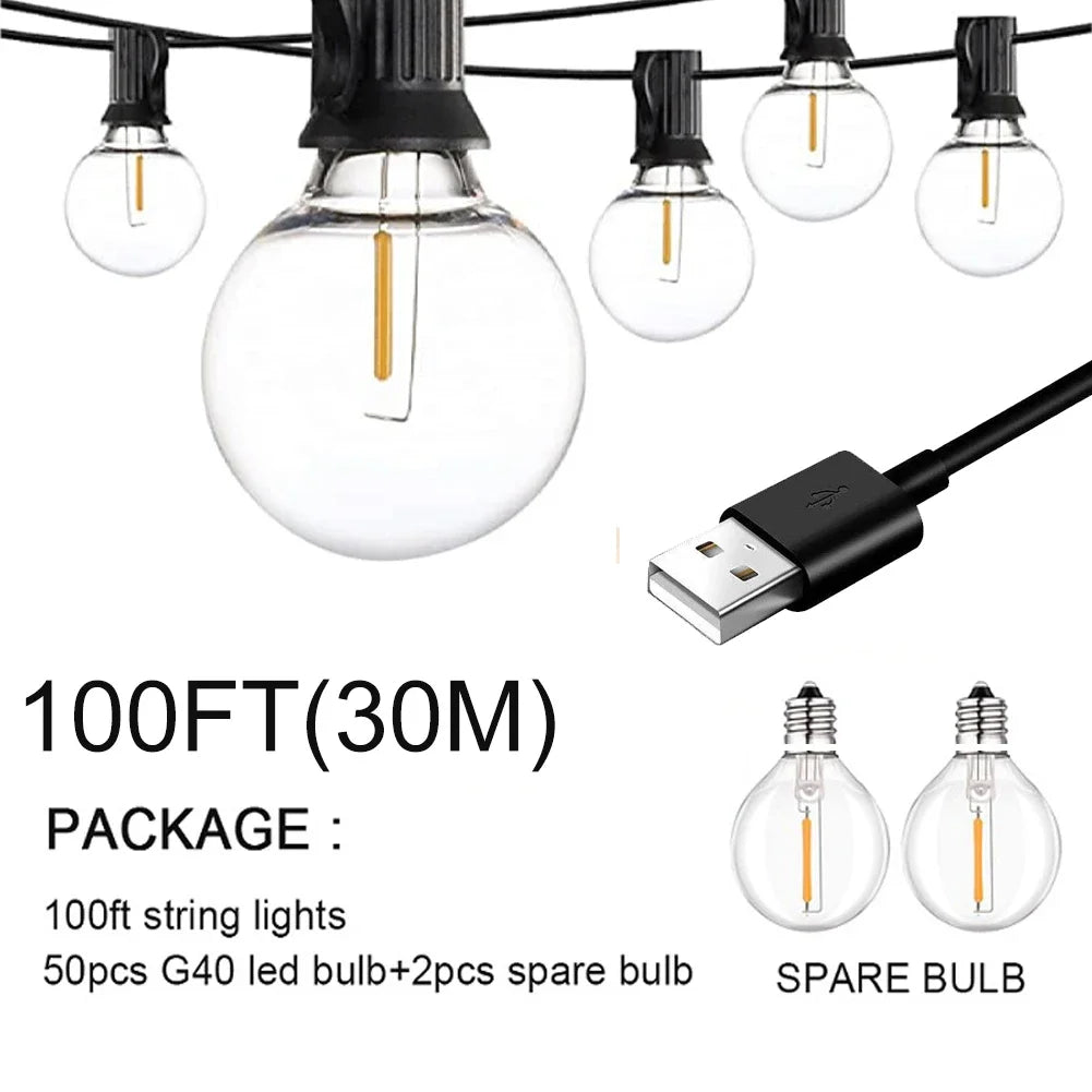 USB G40 LED String Light 1W 180lm/Bulb IP44 Warm White 25ft 50ft 100ft Patio Wedding