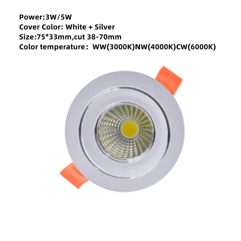 Dimmable Mini COB LED Recessed Downlight 3W 5W Epistar 45° CRI 85+ 95-110lm/W AC 85-265V