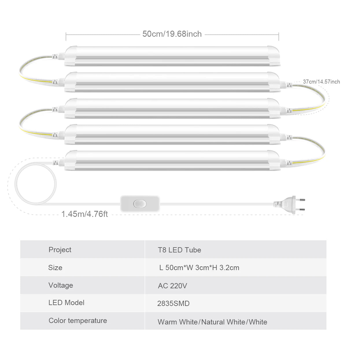25W T8 LED Tube 50cm SMD2835 120° CRI 80+ AC 85-265V Warm Neutral Cool White Aluminum