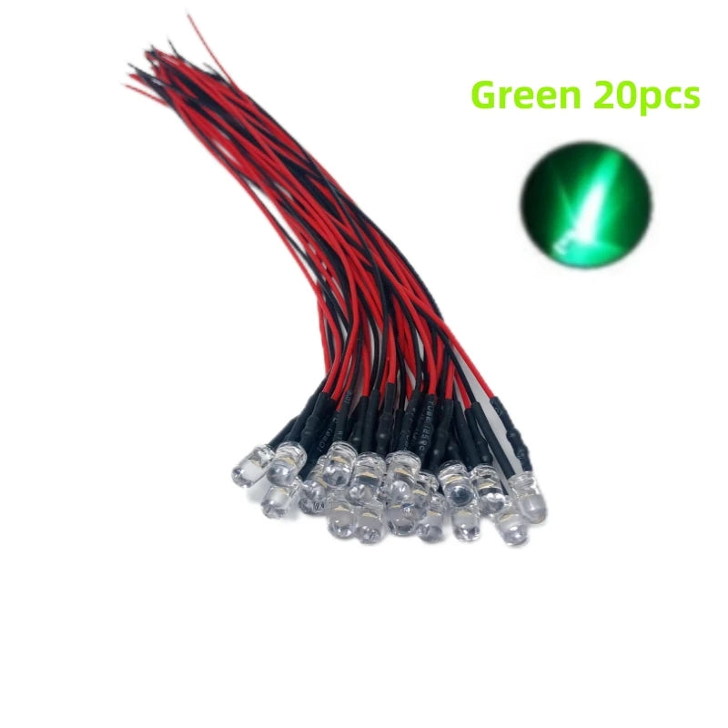 5mm Pre-Wired LED Diode 5V to 12V DC Water Clear Round Through Hole Red Green Blue White Yellow Orange Purple 20 Pack