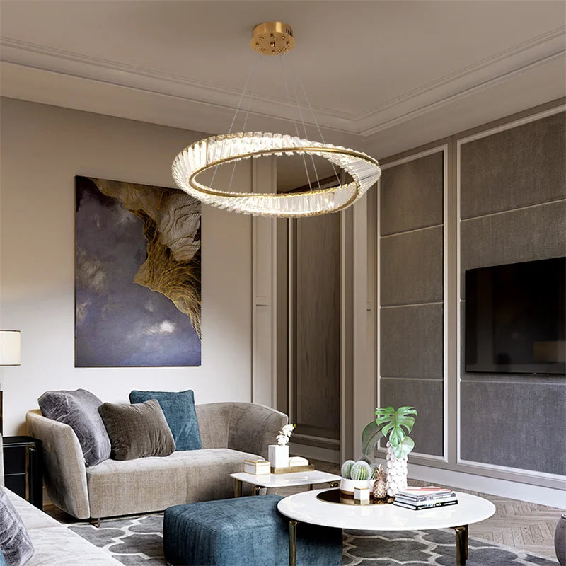 Luxury Ring LED Chandelier Pendant Light Stainless Steel Crystal Flush Mount Knob Dimmable Living Room Dining Room AC 90-260V
