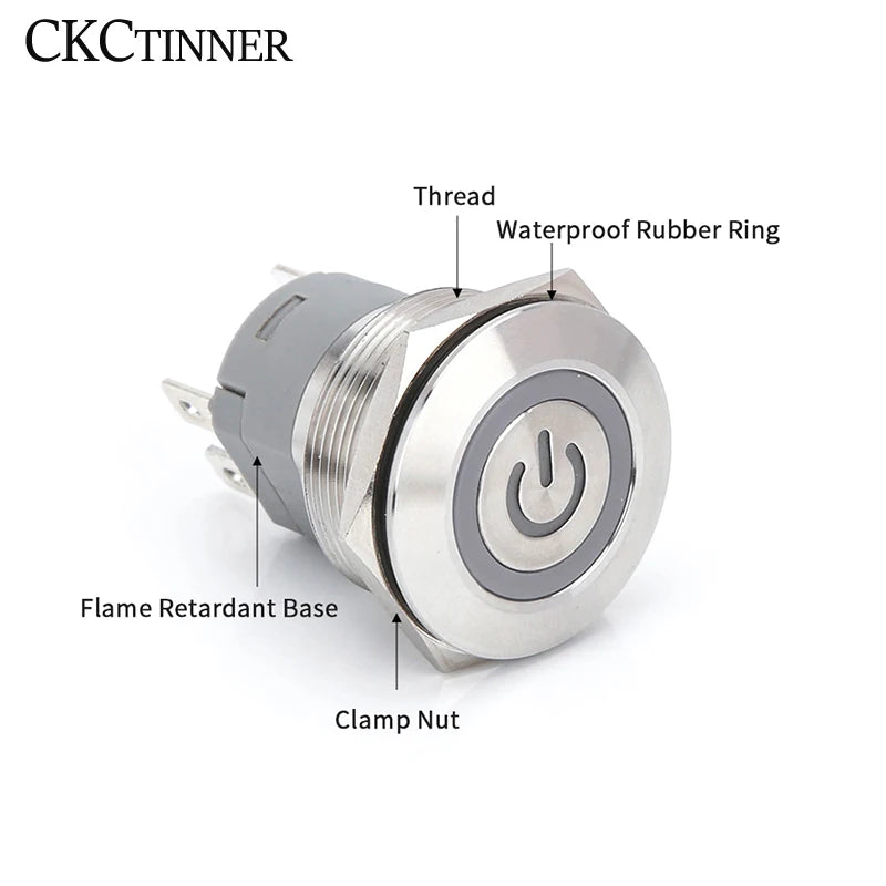CKCTINNER Stainless Steel LED Push Button Switch 12 16 19 22mm Self-Lock Self-Reset NO NC