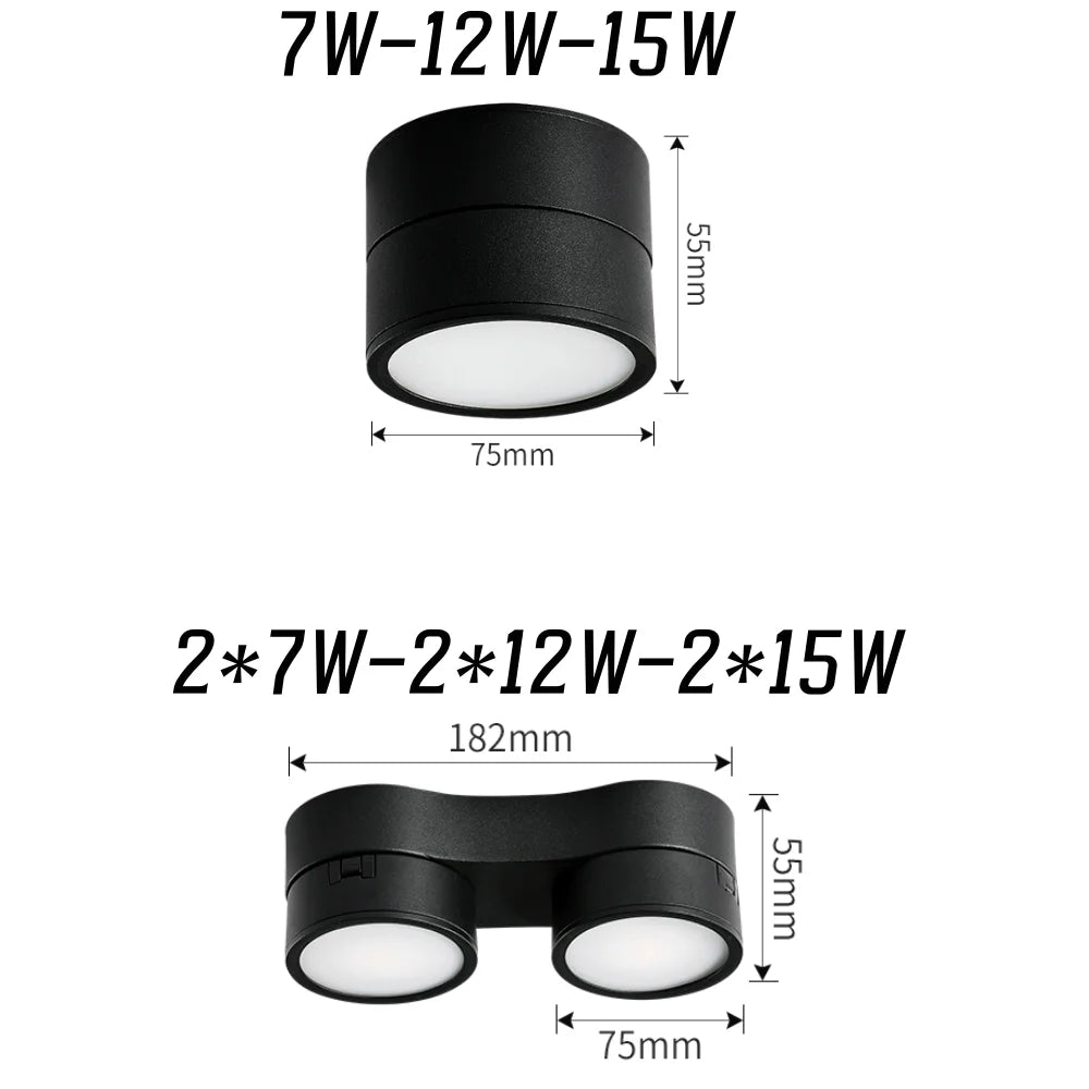 Dimmable COB LED Ceiling Downlight 7W 12W 15W Single or Double Head Die Cast Aluminum CRI 92 10 20 or 30 Degree Knob Switch AC 85-265V