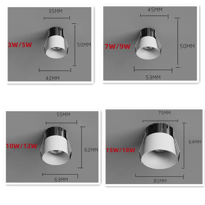 Mini Curved Dimmable COB LED Recessed Downlight 5W 7W 10W 12W 15W 18W CRI 90+ 85-265V