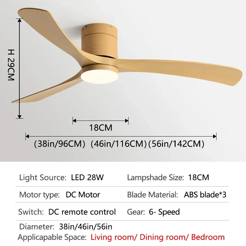 DC Motor Ceiling Fan with Light 38 46 56 Inch 3 Blade Remote Control AC 110-220V