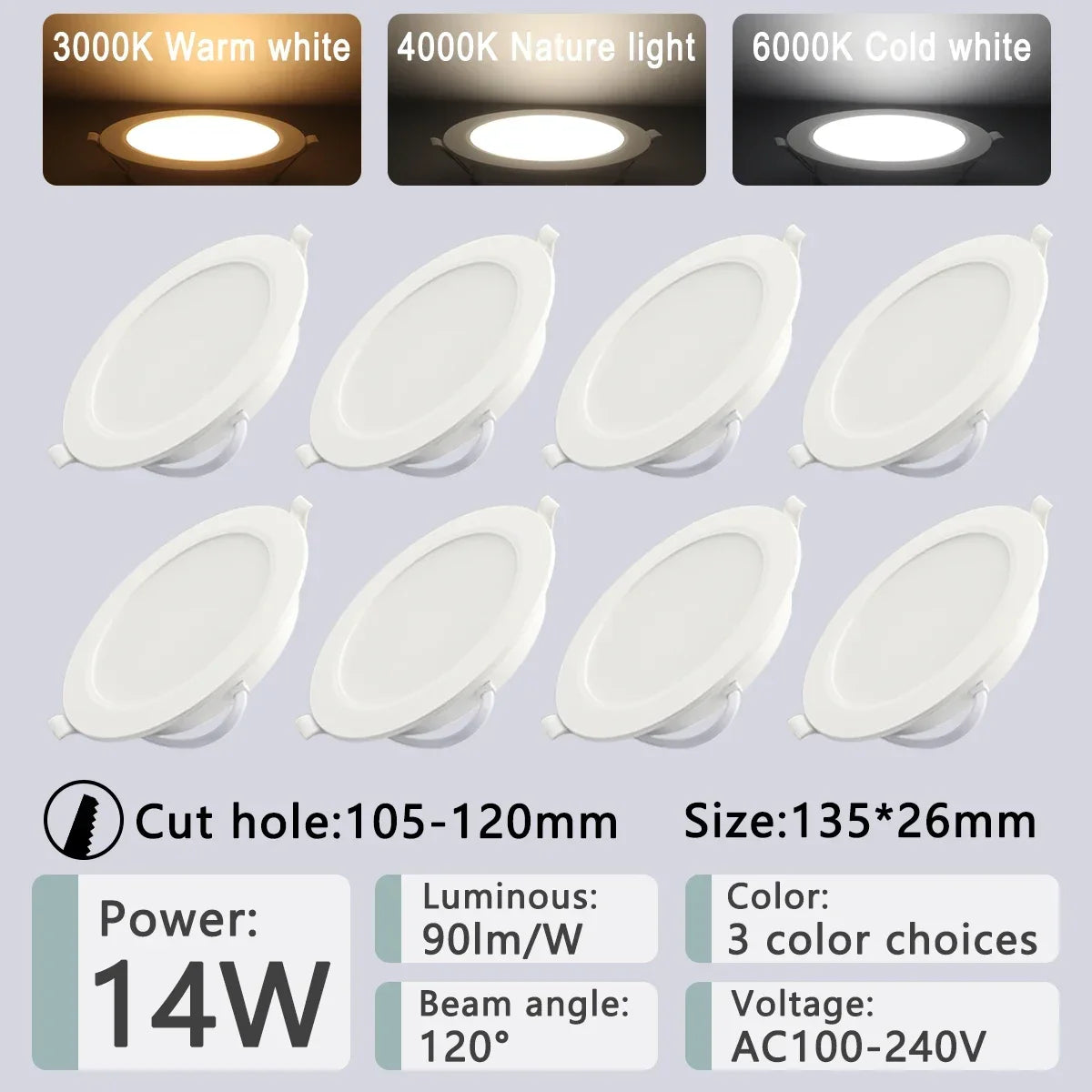 8-Pack LED Recessed Downlight 3 4 5 6 8 Inch 3-CCT 3000K 4000K 6000K AC 110-240V Round