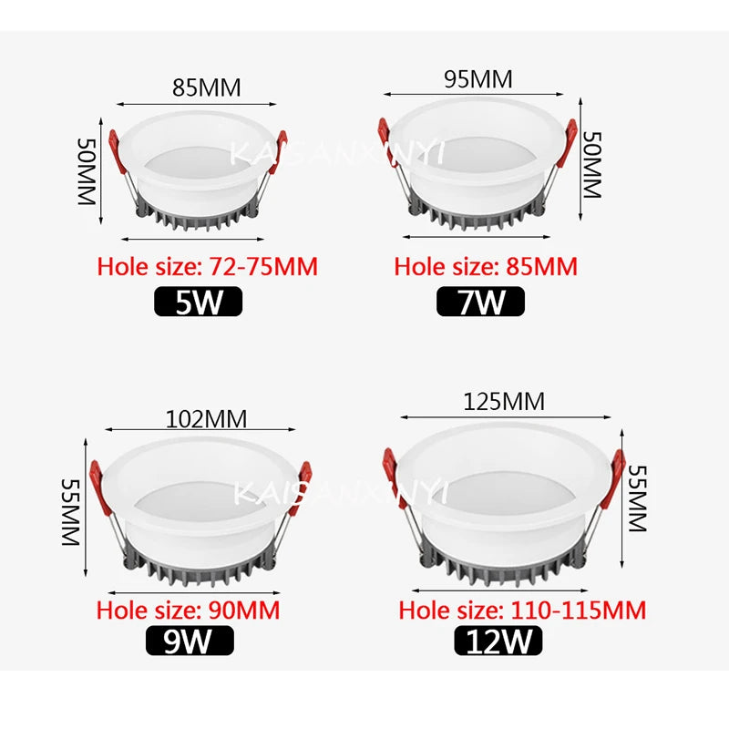 Anti-Glare COB LED Recessed Ceiling Downlight 5W 7W 9W 12W Aluminum CREE Chip