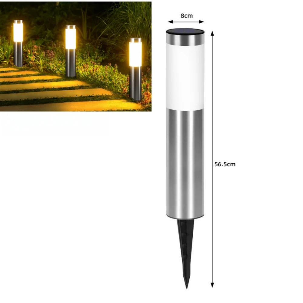 Solar LED Cylindrical Pathway Lawn Light IP65 Waterproof Stainless Steel Plastic Polycrystalline Panel Garden Walkway 2 Sizes