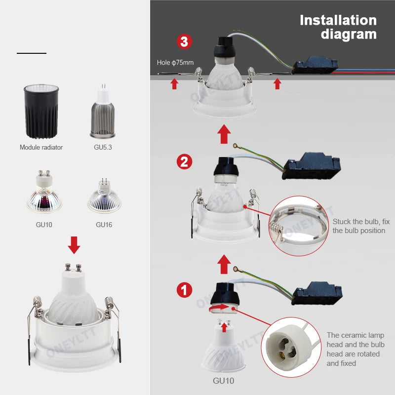 GU10 MR16 Recessed Downlight Mounting Frame Socket 83mm Cover 75mm Cutout White Black