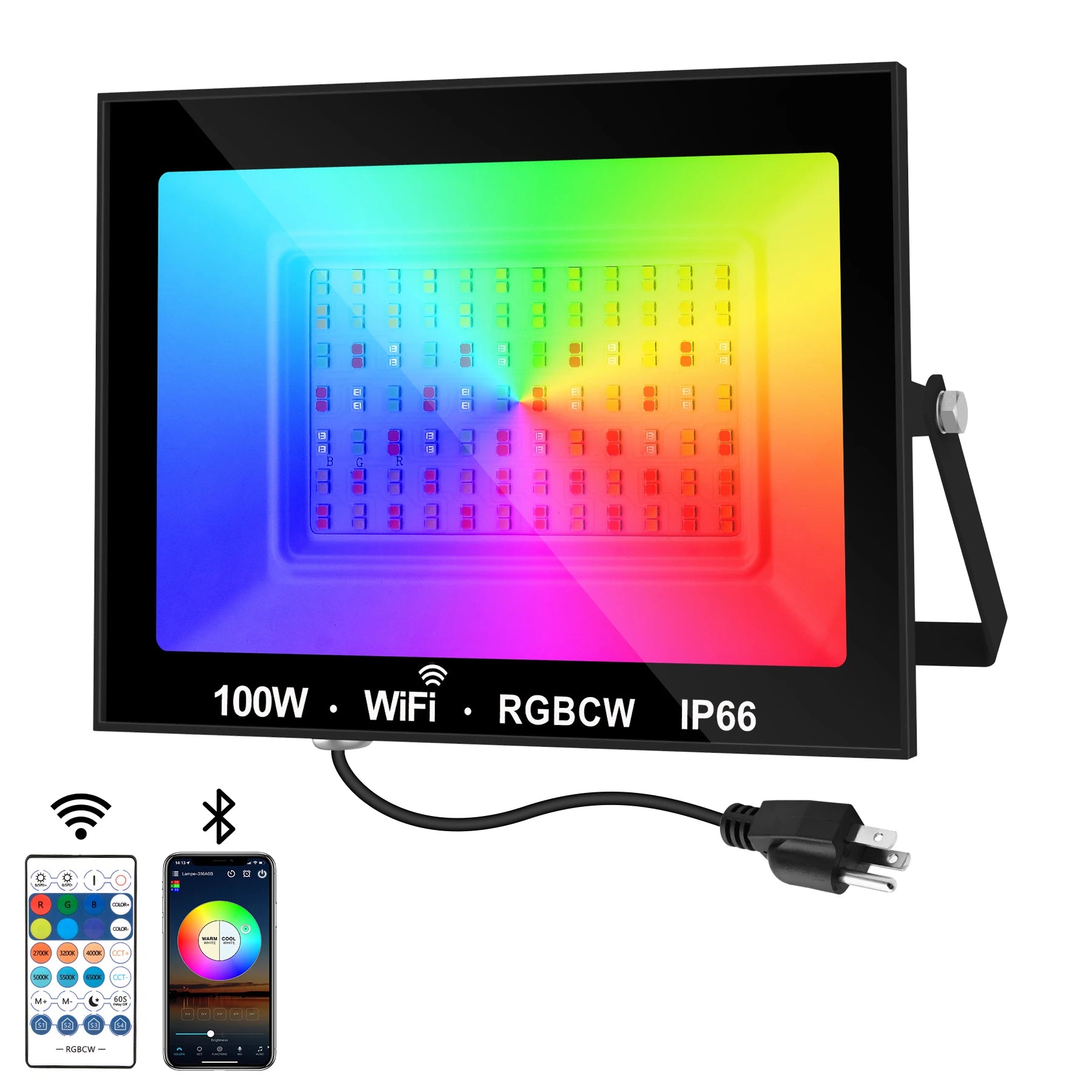 RGBCW Smart LED Flood Light 30W 60W 100W App Remote IP66 US Plug 110-130V Outdoor Garden