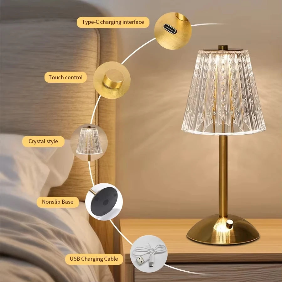 Crystal LED Rechargeable Table Lamp 3W Touch Dimmable 3 Color Temperatures USB-C Iron Base PMMA Shade IP20 Bedroom Bedside