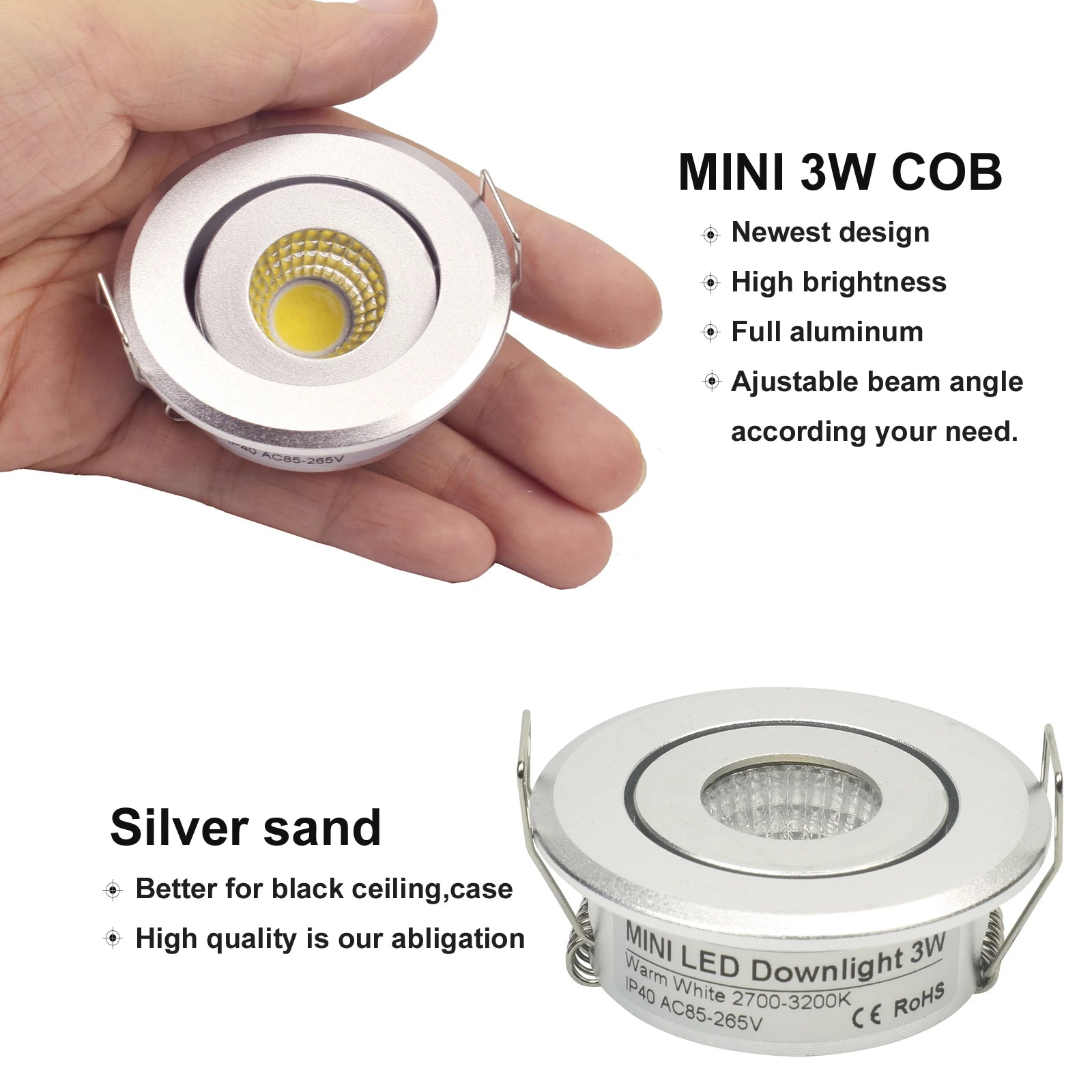 6-Pack 3W COB Mini LED Downlight Kit Dimmable 40-45mm Cutout 4m Cable AC 86-265V Remote