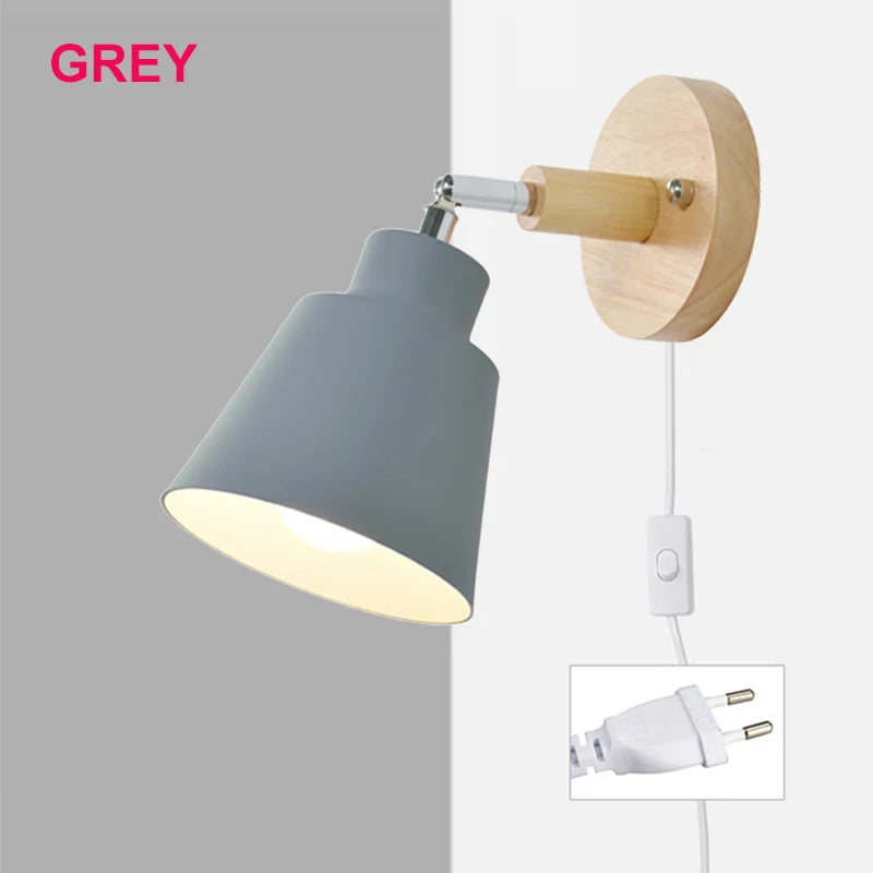 Nordic Wooden E26 E27 Wall Lamp 350-Degree Rotatable 6 Colors EU UL Plug Bedroom Living Room