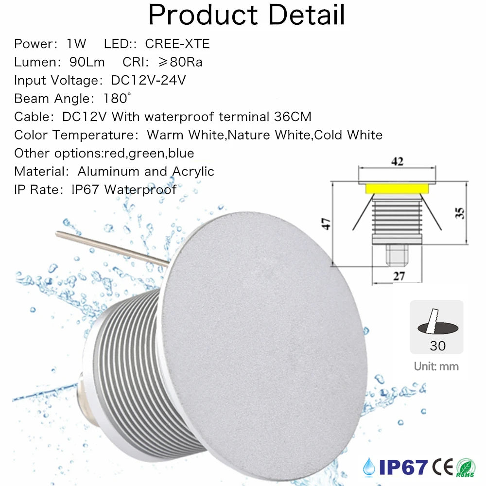 IP67 LED Recessed Stair Wall Light 1W 90lm DC 12-24V 30mm Cutout Touch Dimmable 3-Color
