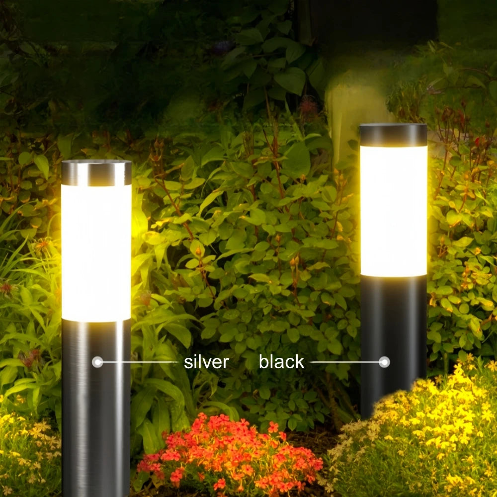 Solar LED Cylindrical Pathway Lawn Light IP65 Waterproof Stainless Steel Plastic Polycrystalline Panel Garden Walkway 2 Sizes