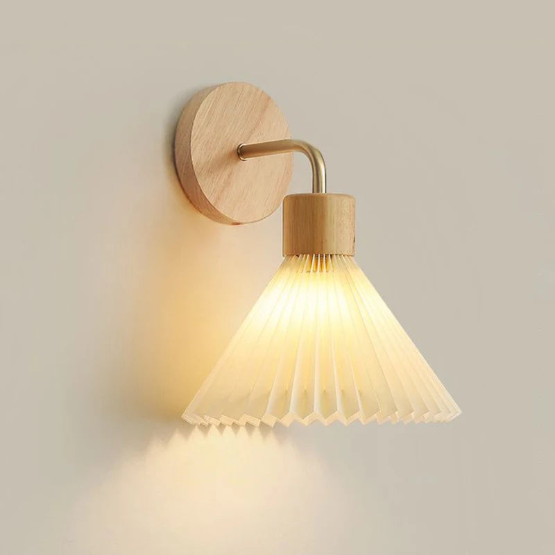 Nordic Wood LED Wall Sconce E26 Single Head Fabric Shade Downlight AC 110-220V Bedroom Living Room Bedside Yellow Brown