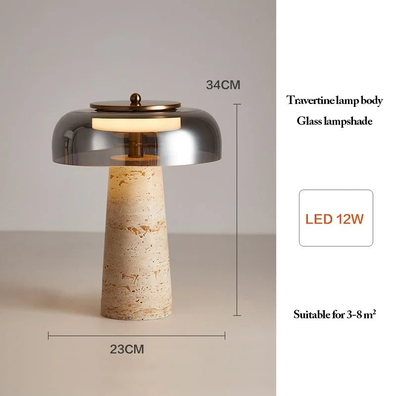 Mushroom Travertine Natural Stone Table Lamp 12W LED Glass Acrylic Shade AC 85-265V