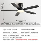 Ceiling Fan with LED Light 42 48 58 72 Inch DC Motor 6-Speed Remote Control 110-220V