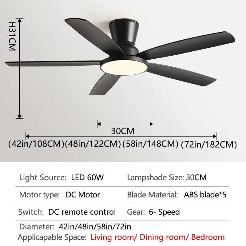 Ceiling Fan with LED Light 42 48 58 72 Inch DC Motor 6-Speed Remote Control 110-220V