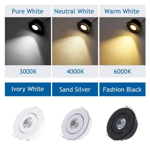 10-Pack 1W 3W Mini LED Recessed Spotlight 45° CRI 80+ IP52 D52mm AC 85-265V White Black Silver