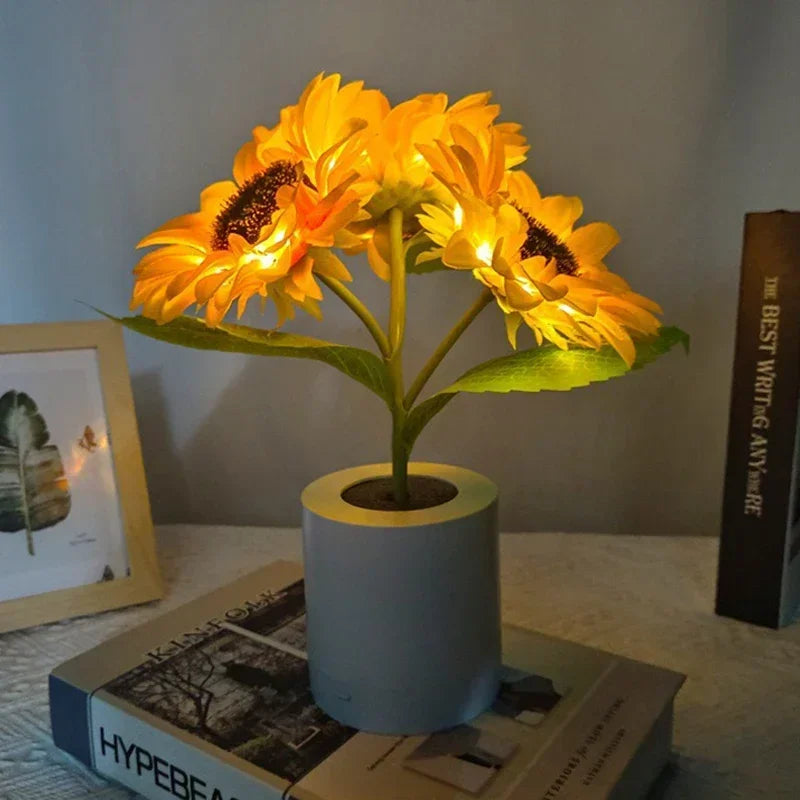 Sunflower LED Night Light USB Rechargeable 1W Warm White 2 Brightness Modes Silk Cloth Plastic Bedroom Bedside Table Lamp