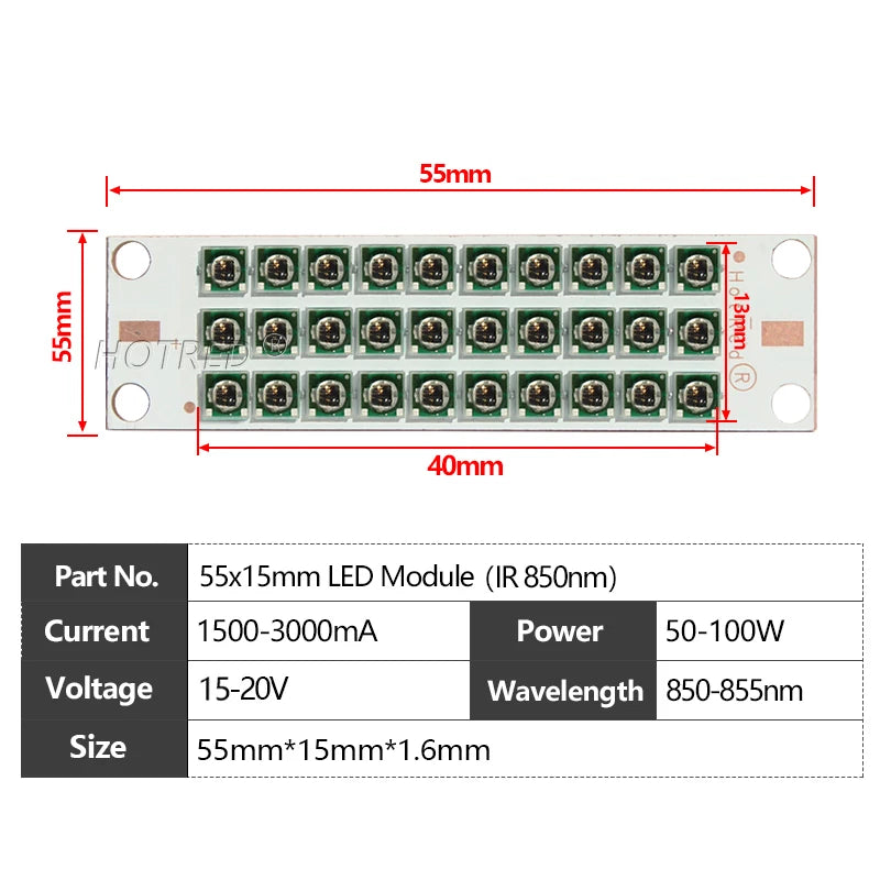 High-Power IR Deep Red LED Chip Module 50W 100W 660nm 730nm 850nm 940nm 55x15mm Grow Light