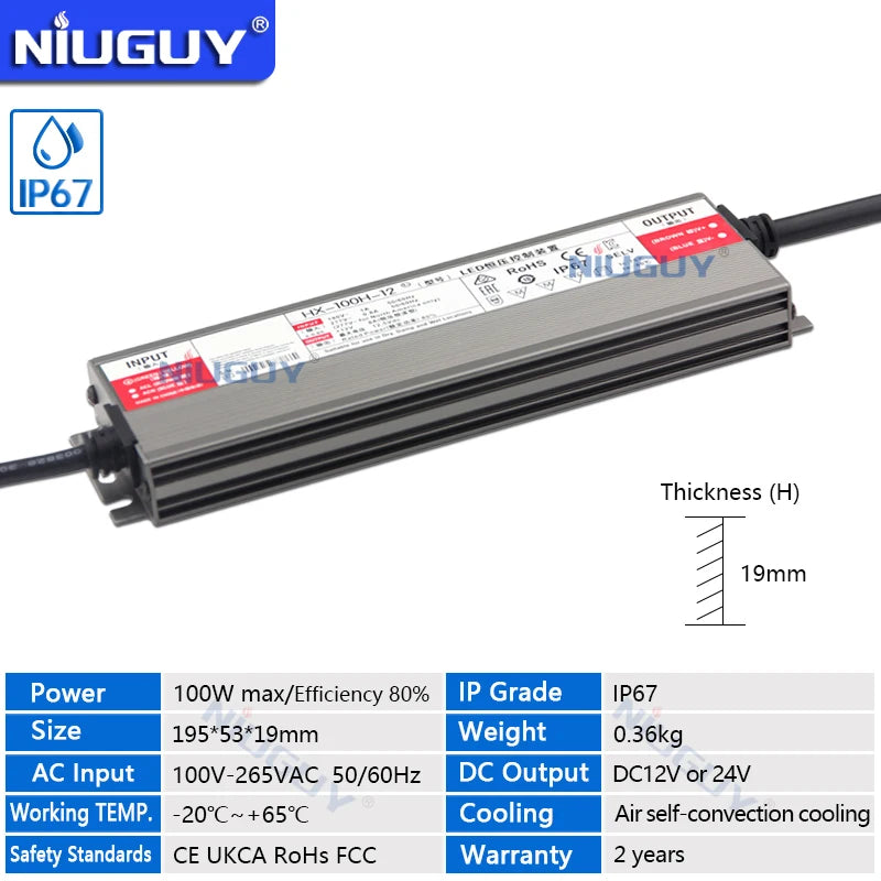 IP67 Ultra-Thin LED Power Supply DC 12V 24V 36W-400W AC 100-265V Flicker-Free EMI Filter