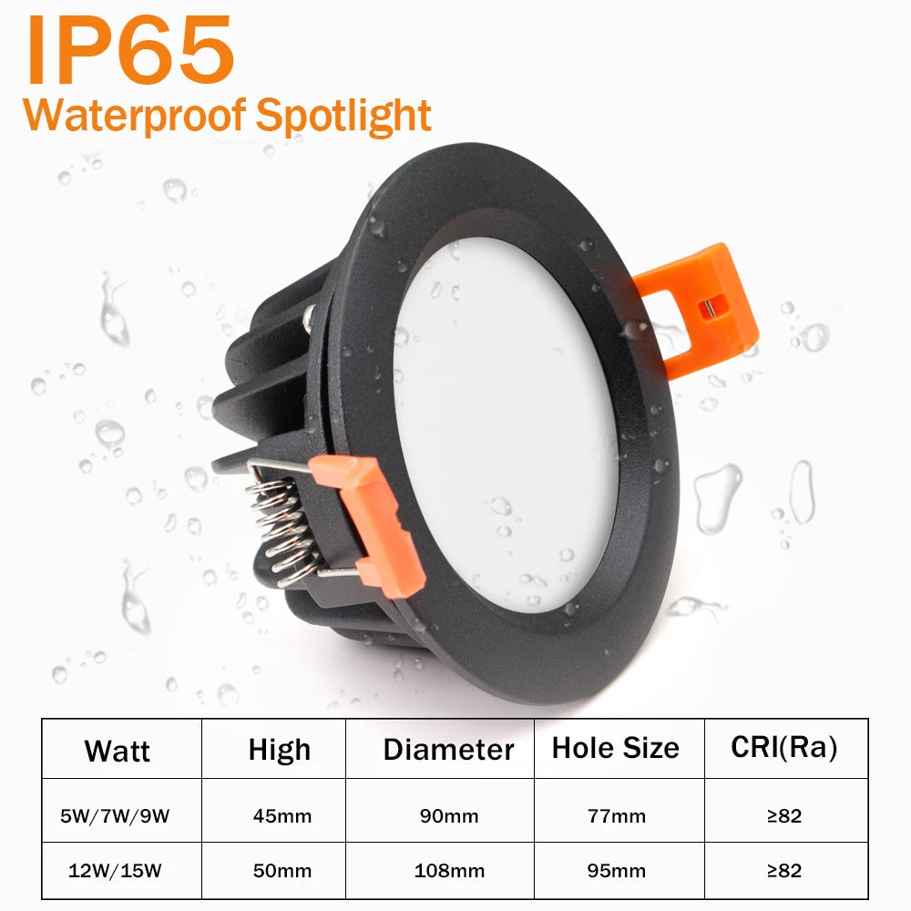 IP65 Waterproof COB LED Recessed Downlight 5W 7W 12W 15W CRI >90 Anti-Glare 85-265V