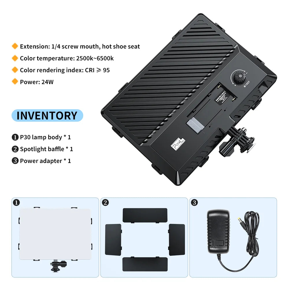 20W Bi-Color LED Video Light 2500-6500K Dimmable 180° Tilt NP-F Battery AC Adapter P30