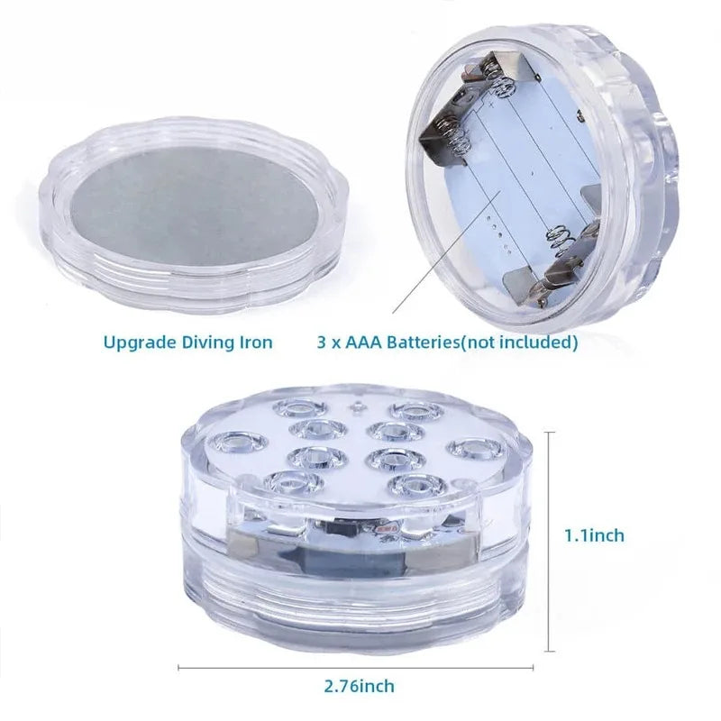 IP68 Submersible LED Pool Light 10 LED RGB 16 Colors Remote Control Battery Powered 2.4W Vase Fish Tank Pond Party 7x7x2.8cm