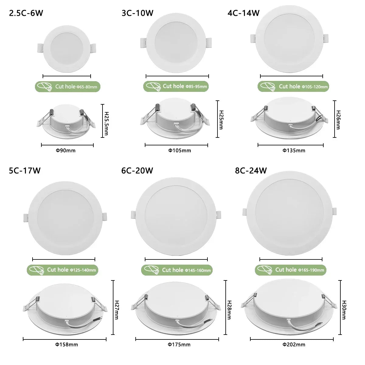 8-Pack LED Recessed Downlight 3 4 5 6 8 Inch 3-CCT 3000K 4000K 6000K AC 110-240V Round