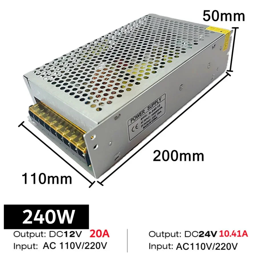 AC 110-220V to DC 12V 24V Power Supply 5A 10A 20A 40A LED Strip Indoor Aluminum Constant Voltage