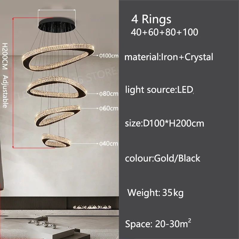 Modern Crystal LED Chandelier Stainless Steel Polished Cord Pendant Remote Control Dimmable AC 90-265V Villa Living Room Staircase