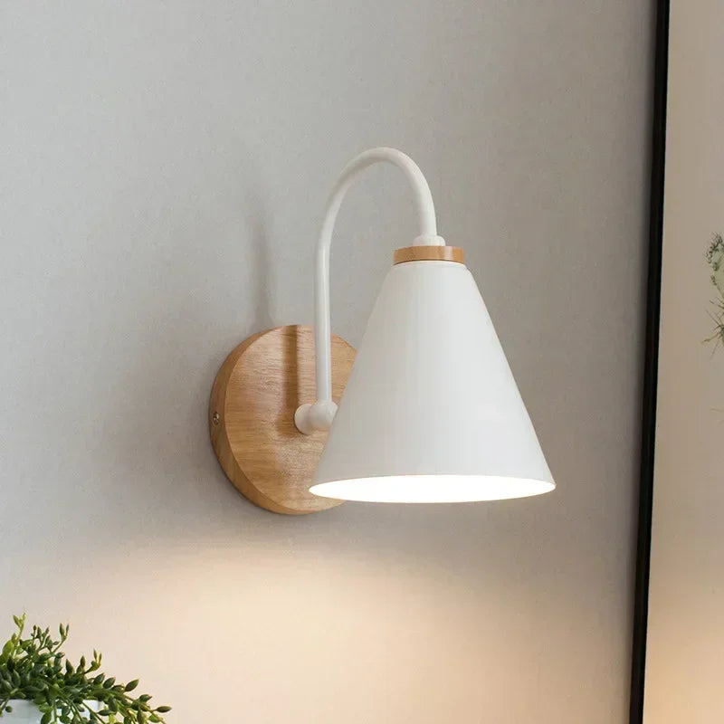 Nordic Wooden LED Wall Sconce E26 Single Head Downlight Plated Iron Shade AC 90-260V Bedroom Living Room Kitchen Black White Gray